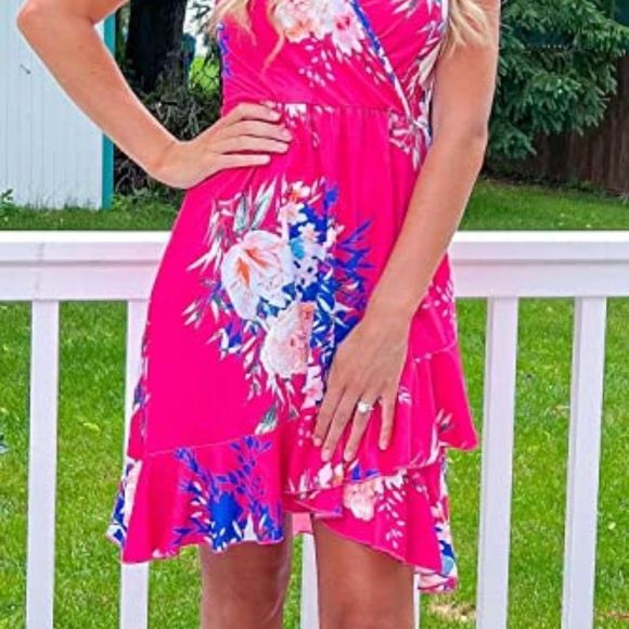 Womens Summer Floral Wrap V Neck Adjustable Spaghetti Casual Ruffle Dress - Picture 2 of 5